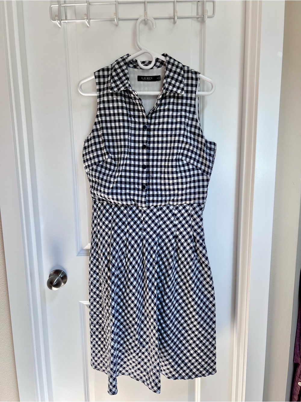 Ralph Lauren Navy and White Gingham Sleeveless Midi Dress size 8